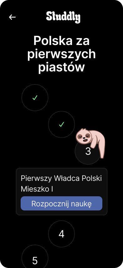 Studdly app screenshot showing game-like learning interface with topics and progress levels